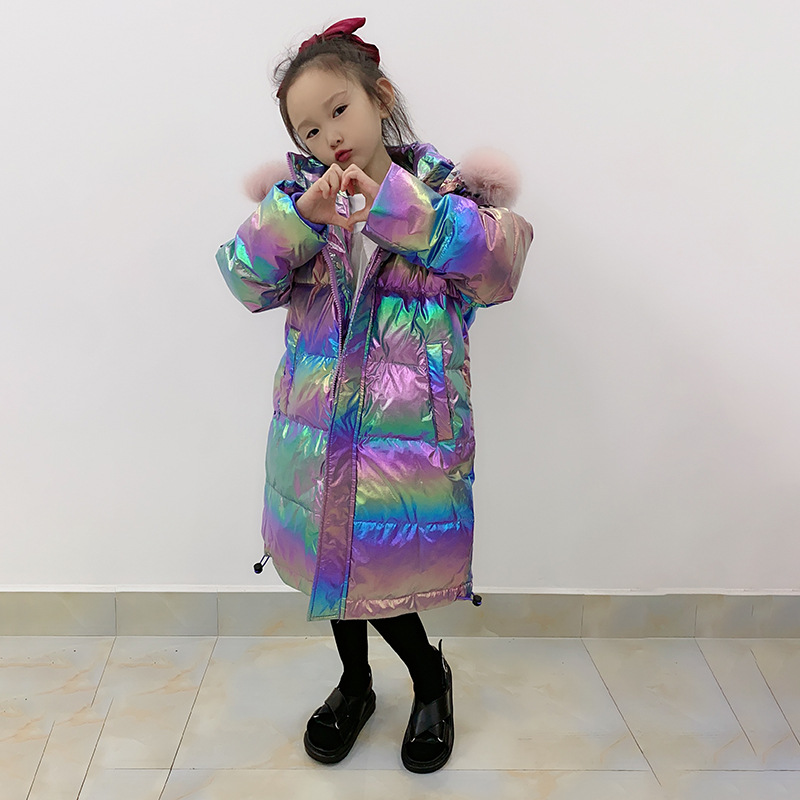 children Down Jackets Mid length version girl Colorful Boy Bright surface CUHK thickening Hair collar Western style winter coat