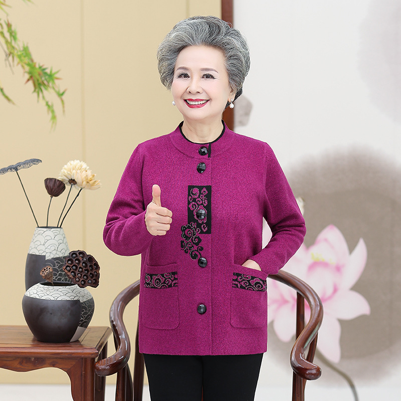 Grandma Autumn Knitted Sweater Cardigan Tang Suit Loose Top Clothes Coat Long Sleeve Fleece-lined Thickened Sweater for the Elderly Mother