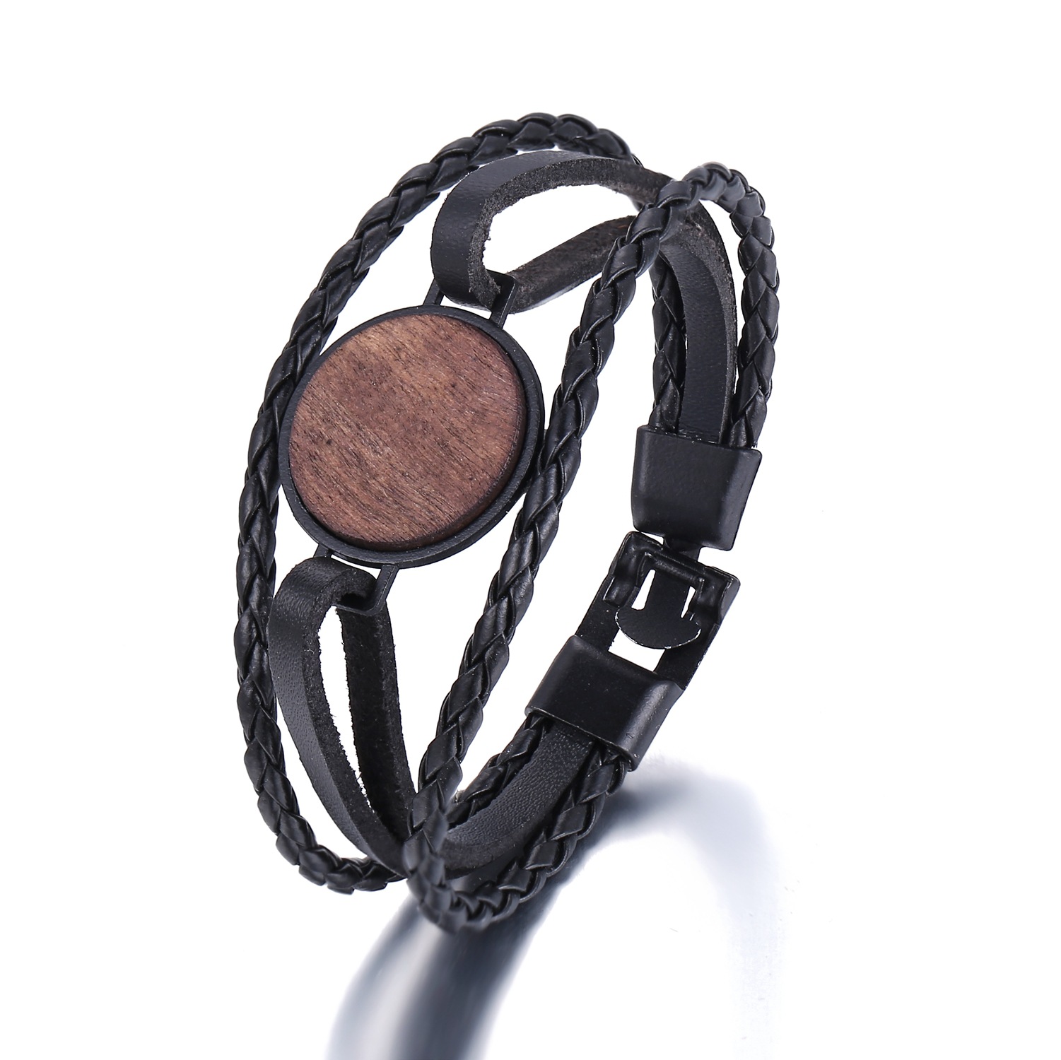 Woven Round Wood Chip Faux Leather Bracelet New Simple Black Men's Bracelet display picture 2
