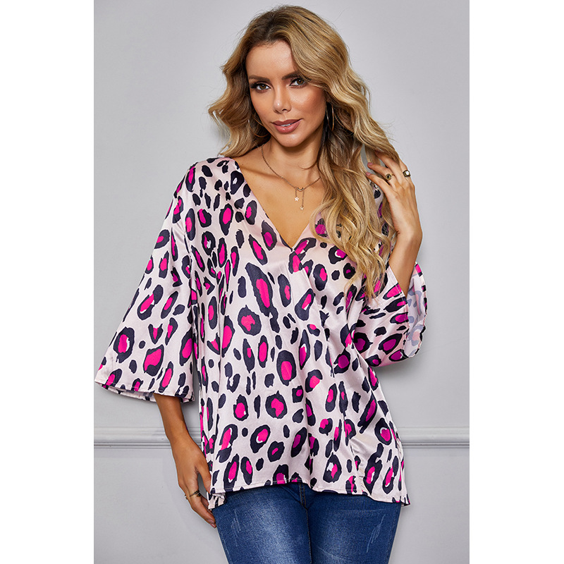 leopard print loose V-neck t-shirt  NSSA25943