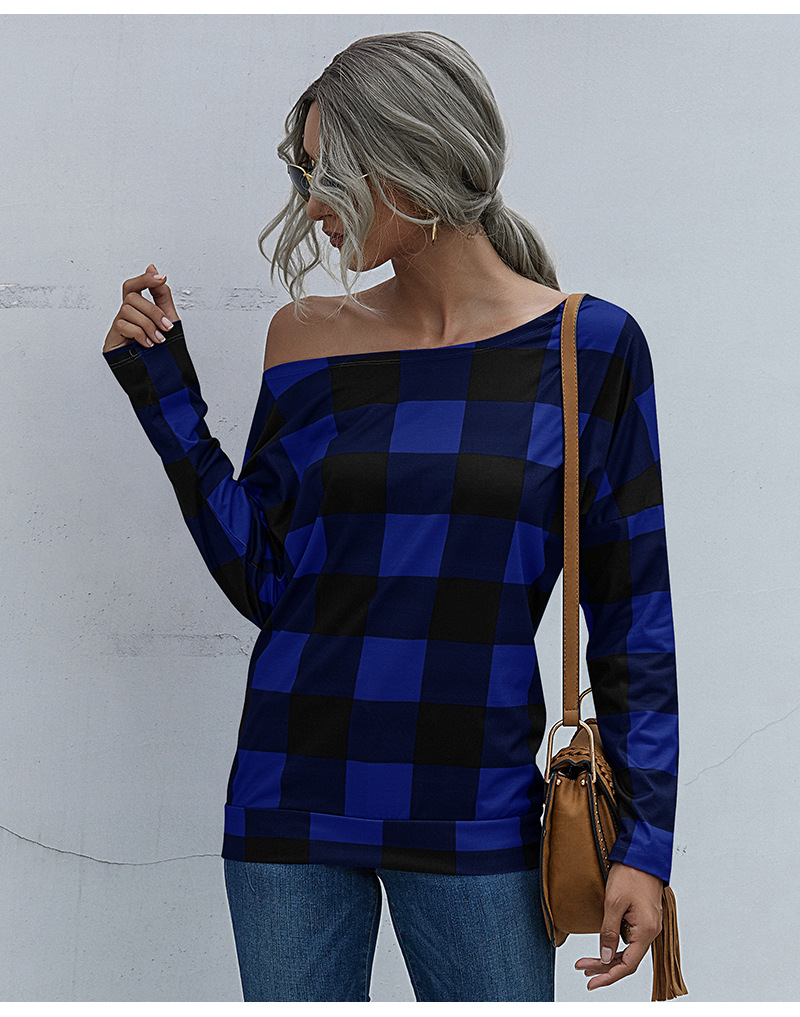 diagonal collar plaid long-sleeved T-shirt nihaostyles clothing wholesale NSGNX83001