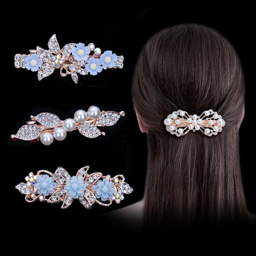 Korean hair accessories rhinestone bow simple hairpin adult pearl horizontal clip ponytail clip top clip spring clip small
