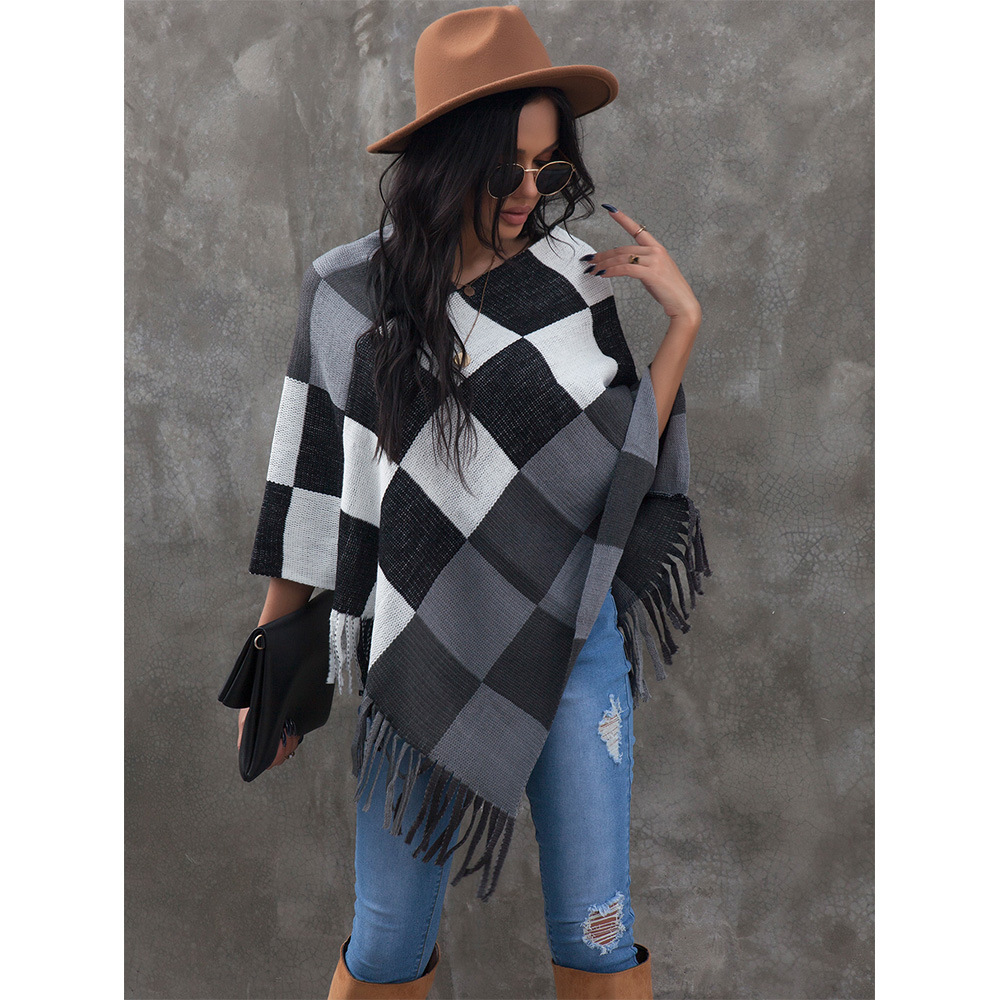 autumn and winter new  V-neck plaid hem tassel shawl NSSA26478