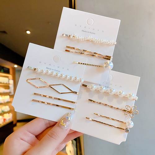Korean style pearl hairpin Internet celebrity girl side clip one-word hairpin bangs bb clip simple combination headwear