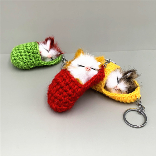 Cute sleeping cat key chain slippers cat plush bag pendant car key chain simulated animal small gift