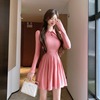 Lapel slim high waist Pleated Dress women show thin A-line waist skirt