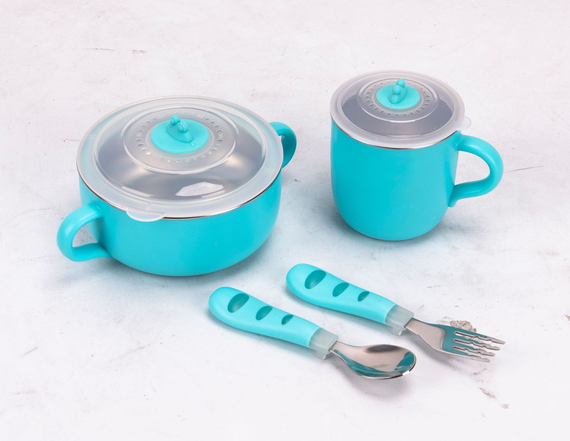 Special Offer Handle baby Auxiliary bowl Milk Cup Fork spoon baby Dine tableware 4 sets
