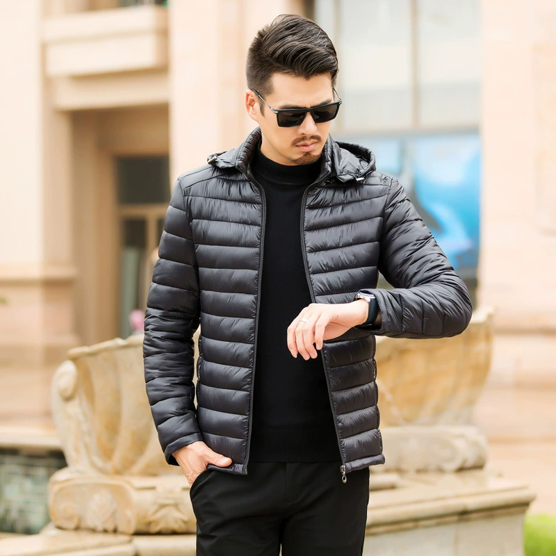Зимнее Мужское пальто для среднего и пожилого возраста. Куртка со съемной кепкой на хлопковой подкладке. Легкая и тонкая пуховая куртка на хлопковой подкладке для отца. Короткая куртка на хлопковой подкладке для молодежи.