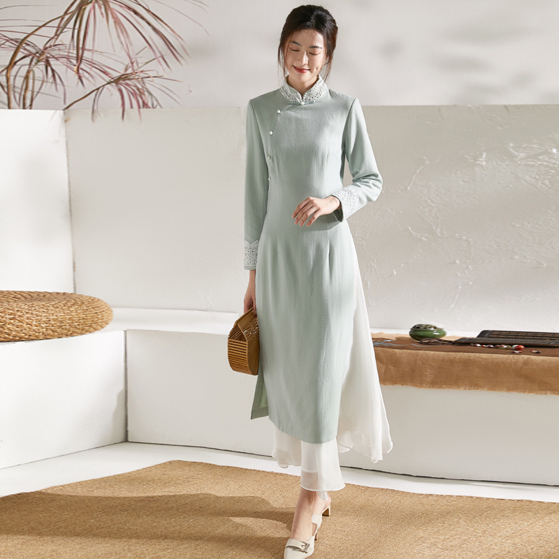 Cheongsam dress yoga meditation dresses female cotton and linen Zen tea