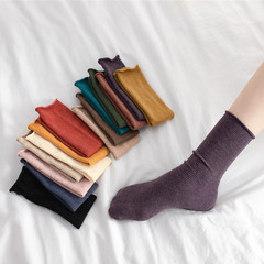 Women's Cotton Tube Socks, Thick Cotton Socks for Autumn, Solid Color, Versatile Vertical Stripes, Mid-Calf Socks, Elastic Top with Folded Edge, Maternity Socks