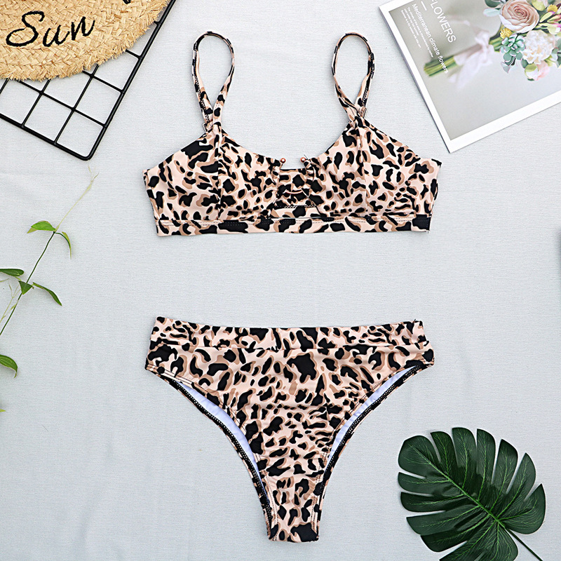 nuevo bikini de color sólido traje de baño de leopardo de cintura alta para mujer traje de baño a rayas bikini con correas NSHL2494