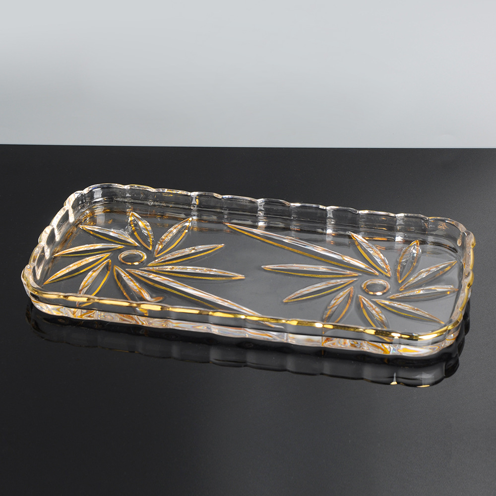 跨境大号水晶玻璃现代家居装饰托盘 欧式奢华描金茶几摆件干果盘