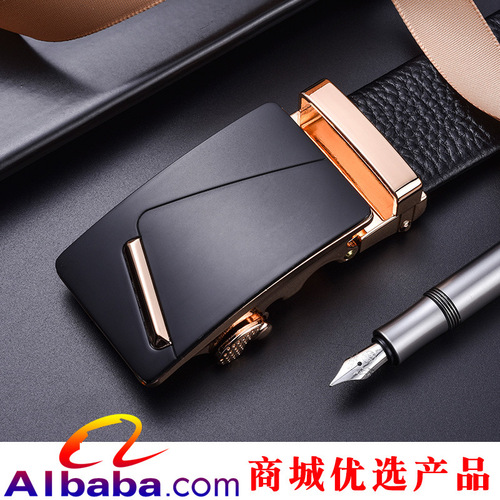 Factory-direct men's automatic-buckle leather belt with full-grain cowhide — wholesale business gift pants belts