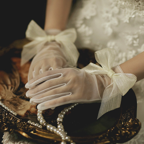Factory hair wedding dress gloves lace fairy style bride wedding flowers white gauze pearl short style spring autumn summer women