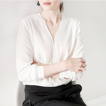 2025春季新款S328风琴百褶盘扣18姆米真丝双绉白色衬衫女