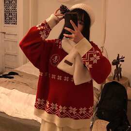 女装秋冬韩版宽松慵懒风圣诞老人雪花网红套头打底毛衣针织衫上衣