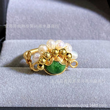 绿色甘青14k包金绕线 天然白珍珠刀马旦京剧戒指 指环 饰品
