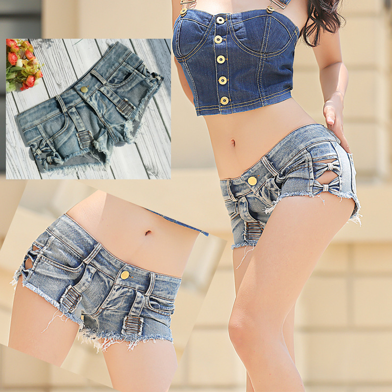Denim Ultra-low Waist Shorts European and American Slim-looking Sexy Hot Pants Hollow-out Hip Denim Super Shorts Online Popular Women's Pants for Nightclub