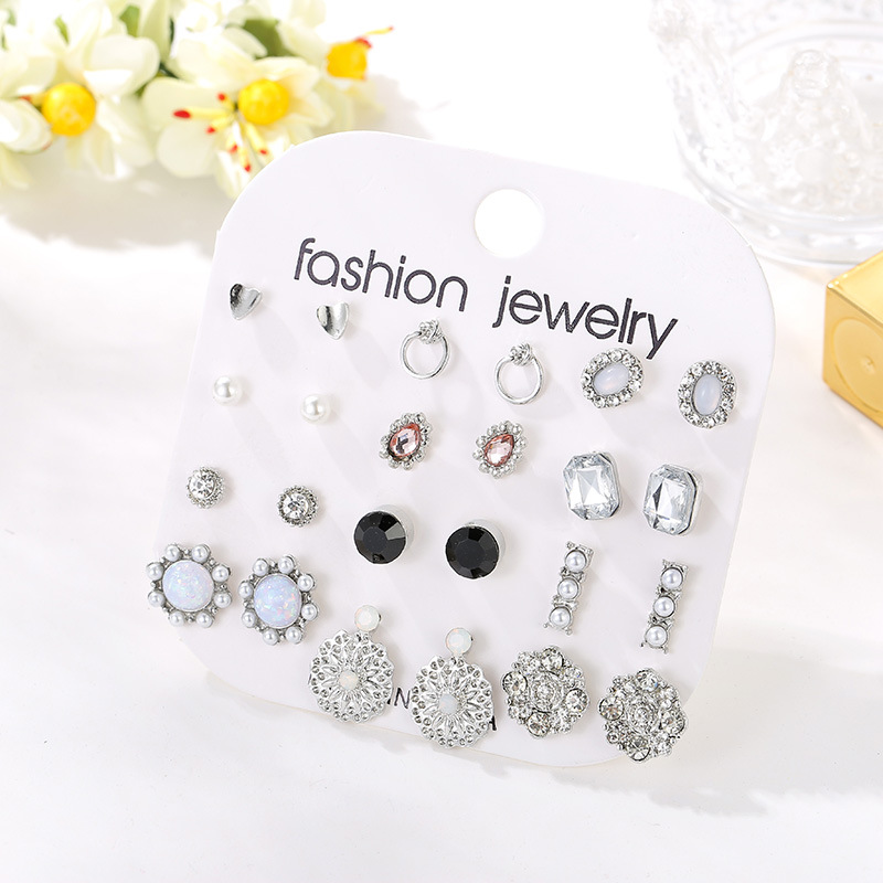 Korean New Trend 12 Pairs Set Simple Crystal Women's Alloy Earrings display picture 4