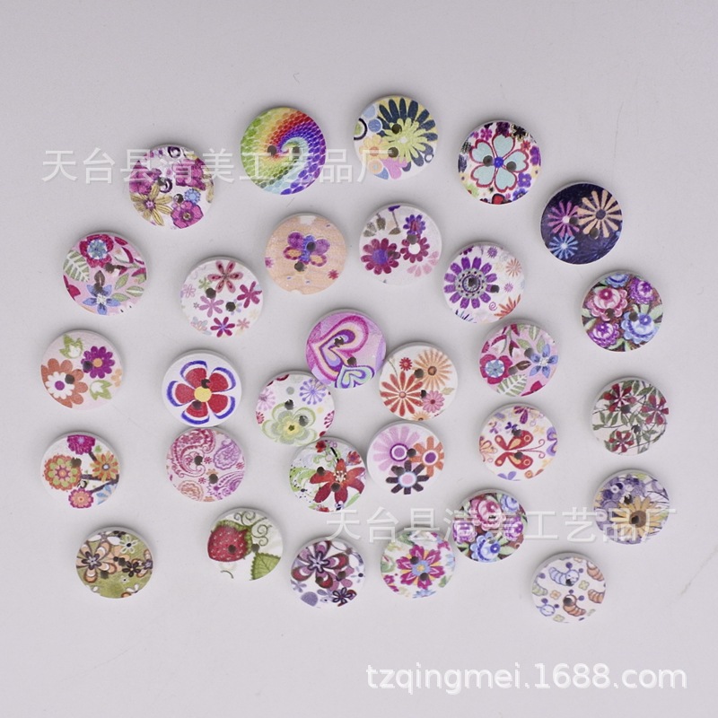 15mm fondo blanco pintado de madera botones decorativos de madera impreso flores y plantas, botones de rayas a cuadros 100 un paquete