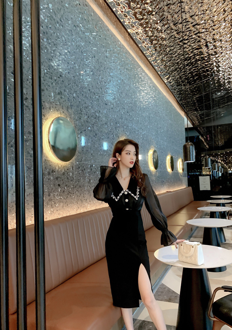 Đầm liền dài tay cổ búp bê xẻ tà ôm eo kiểu Pháp — Màu đen chi tiết 14