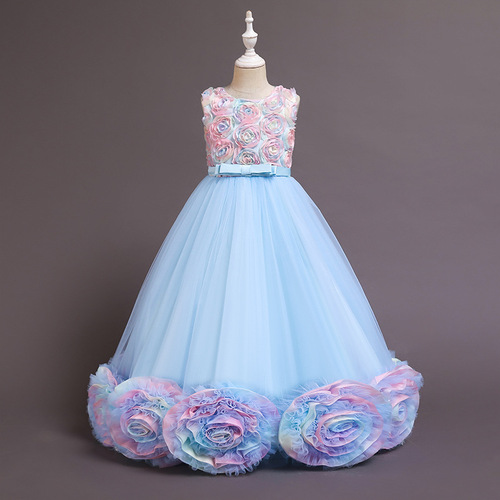 Cross-border exclusive new children's dress princess skirt mesh flower ballgown sleeveless long performance dress