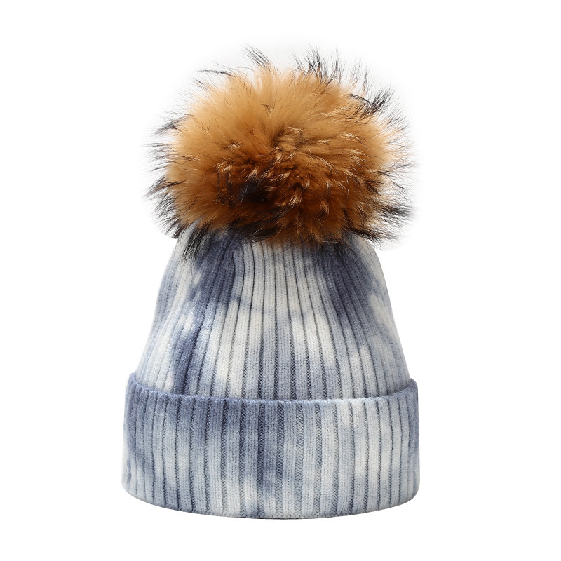 Nuevo gorro de punto con diseño de mapache teñido anudado para mujer, gorro de bola de pelo para otoño e invierno, gorro de hilo con núcleo resistente al viento para exteriores_voghion.com