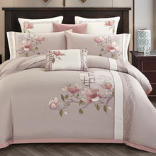 中式60支长绒棉古典花卉刺绣四件套拼色被套床单纯棉双人床上用品