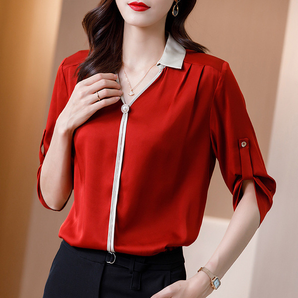 Silk blouse women’s short sleeve color contrast splicing shirt wide pine mulberry silk half sleeve shirt