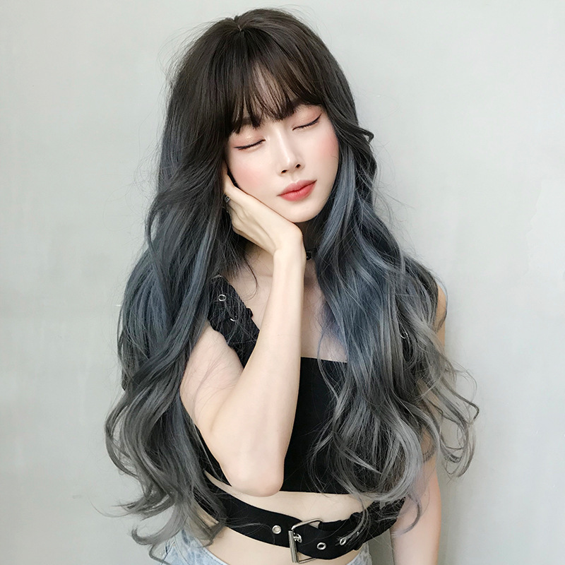 Wavy Hair Wigs Burst wig female long hair big wave gradient blue gray full head cover popular whole top hair cover