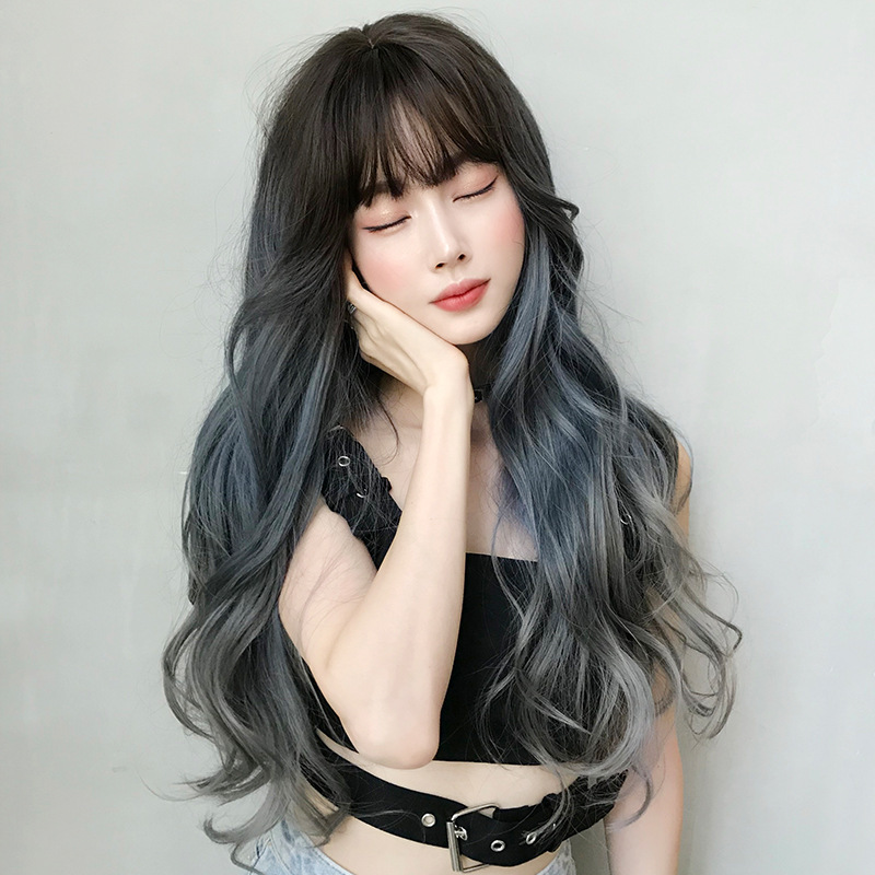 Cross-border new wig women's long hair big wave gradient blue gray full head Net red popular full top hair wholesale