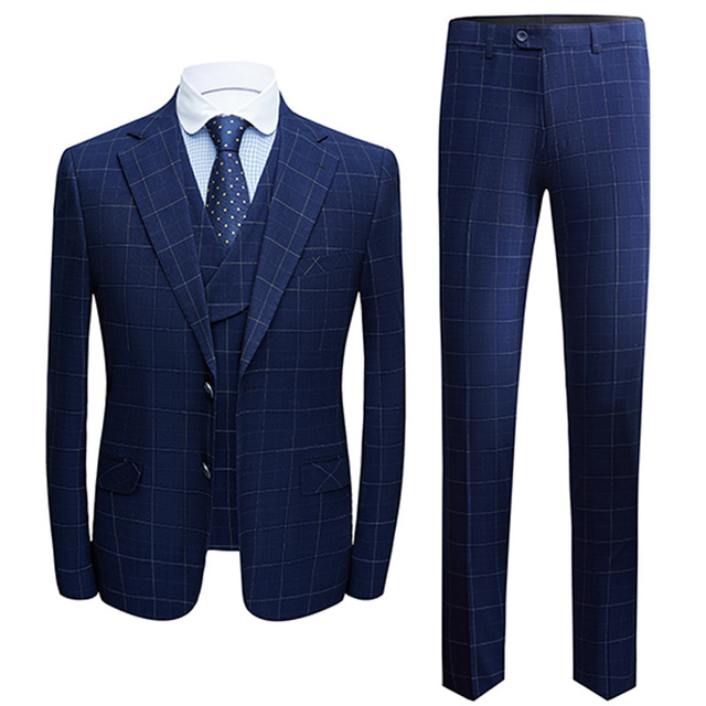 Men’s suit 3-piece Navy Plaid Korean men’s suit