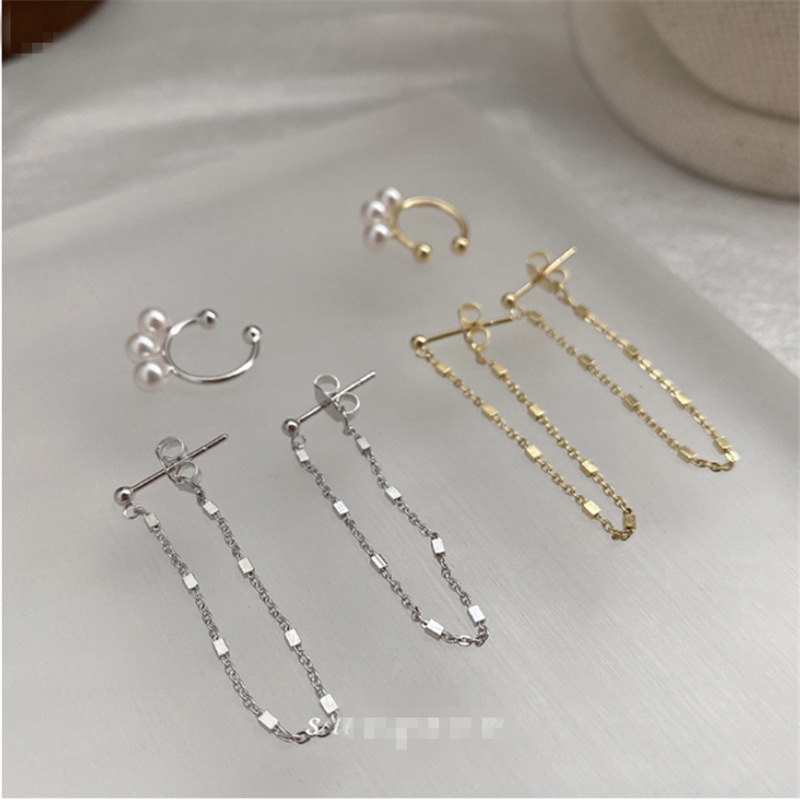 Korean simple ear bone clip twopiece metal tassel pearl  earrings set wholesalepicture6