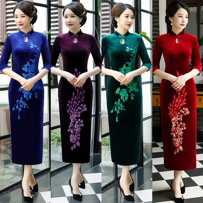 Chinese Dress Qipao for women cheongsam Antique long embroidered velvet sleeve cheongsam special price cheongsam