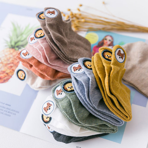 Spring new embroidered heel dog boat socks, left and right foot personalized women's socks, trendy candy-colored Japanese socks