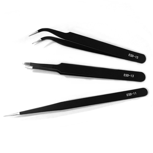 Stainless steel black handbook tweezers anti-static mobile phone repair manicure tools bird's nest hair picking ESD precision tips