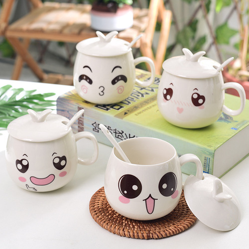 Dehua Ceramic Cup Creative Mug Cartoon Expression Water Cup Cute Version Girl Office Flower Tea Cup Printing Direct Sales
