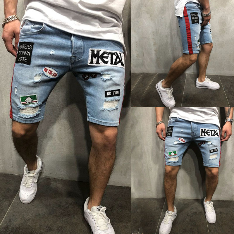 Foreign trade summer explosion men's fashion denim hole embroidered label shorts Europe and the United States loose straight jeans 8 Foreign trade summer explosion men's fashion denim hole embroidered label shorts Europe and the United States loose straight jeans 1