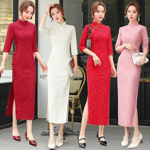 Red white lace chinese dress oriental retro qipao dress for women Cheongsam young red girl mid-sleeve Chinese style long catwalk dress