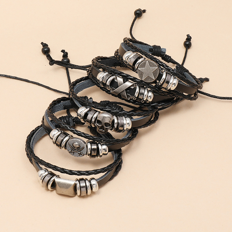 new  punk skull  adjustable rock beaded leather bracelet