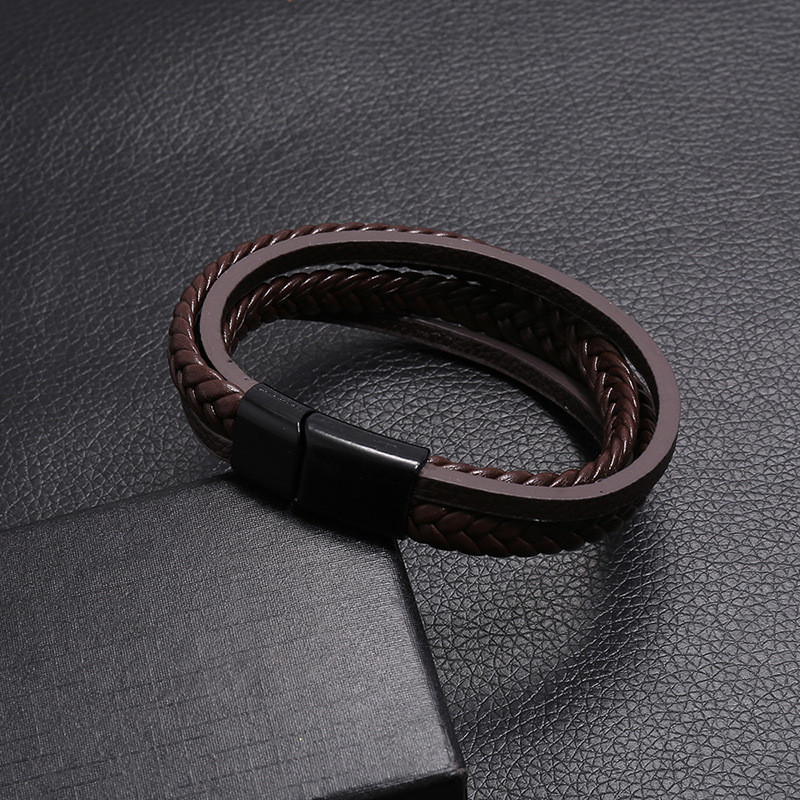 Men's Leather Bracelet, Multi-layer Woven Wristband With Magnetic Clasp_voghion.com