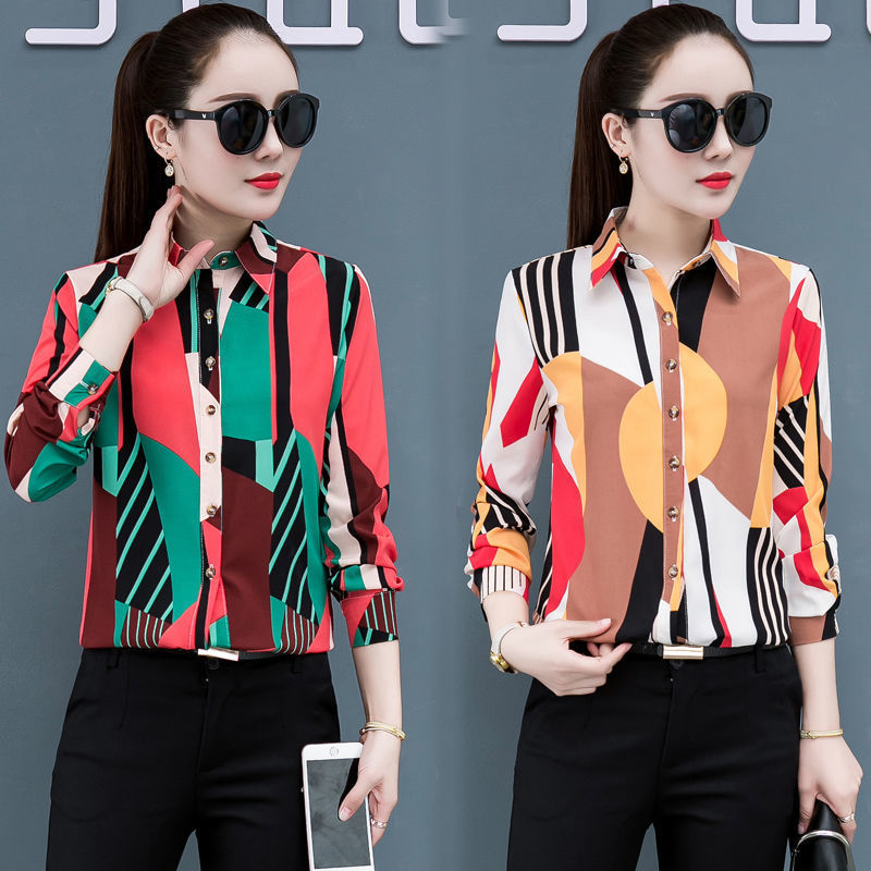 Camisa estampada de manga larga para mujer 2020 Primavera y otoño Nuevo estilo coreano elegante Top slim fit para mujer que adelgaza la camisa de fondo