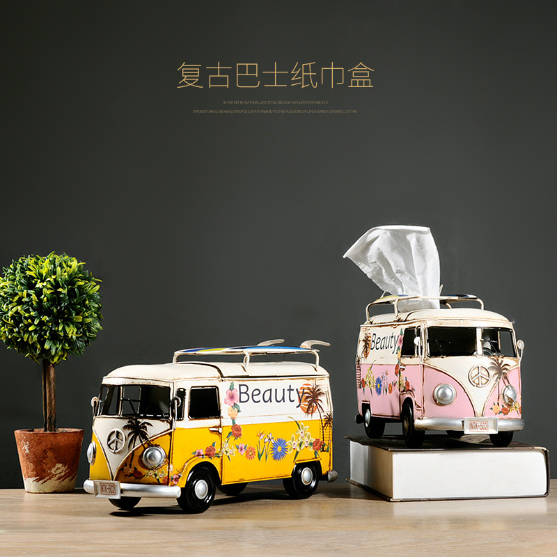 工業風創意鐵藝手工複古巴士模型美式紙巾盒集裝箱抽紙盒裝飾擺件
