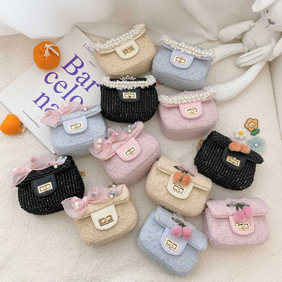 可爱蝴蝶结棉麻儿童包洋气女童链条斜挎包公主时尚锁扣小方包外贸