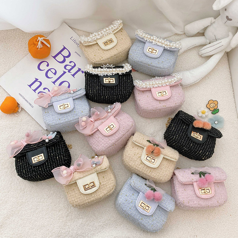 可爱蝴蝶结棉麻儿童包洋气女童链条斜挎包公主时尚锁扣小方包外贸