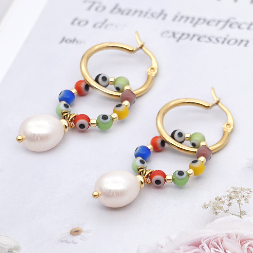 1 Pair Ethnic Style Devil's Eye Stainless Steel Beaded Freshwater Pearl Hoop Earrings Drop Earrings display picture 1