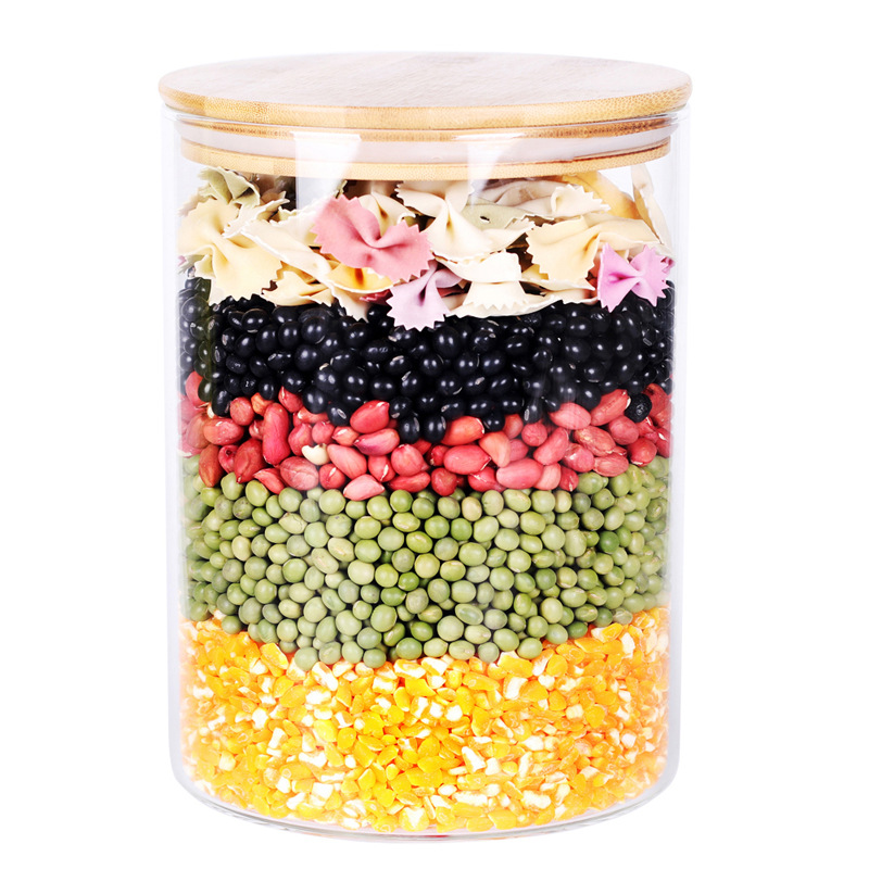 工廠定制五谷雜糧儲物罐大號直筒竹蓋玻璃密封罐透明圓形茶葉罐