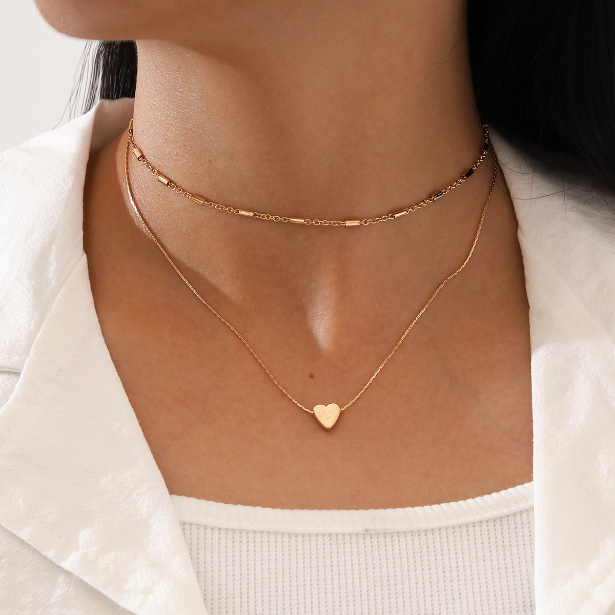 Simple Sweet Double Layered Clavicle Chain Love Heart  Necklace display picture 1