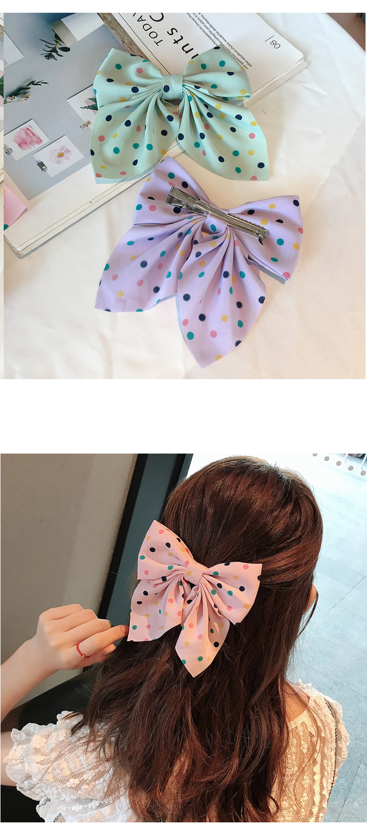 Korean Fabric Retro Bow Hairpin Sweet Color Wave Dot Clip Hairpin Wholesale display picture 6