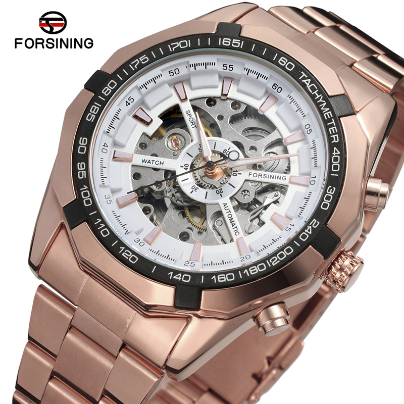 FORSINING correa de acero de los hombres reloj mecánico automático hueco transparente inferior negocio reloj mecánico volante reloj 8042